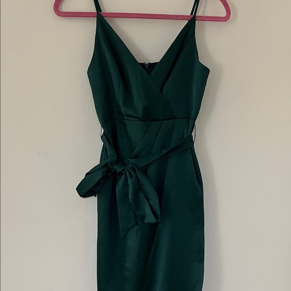 Lulu's Forest Green Satin Wrap Midi Dress - Picture 4 of 9
